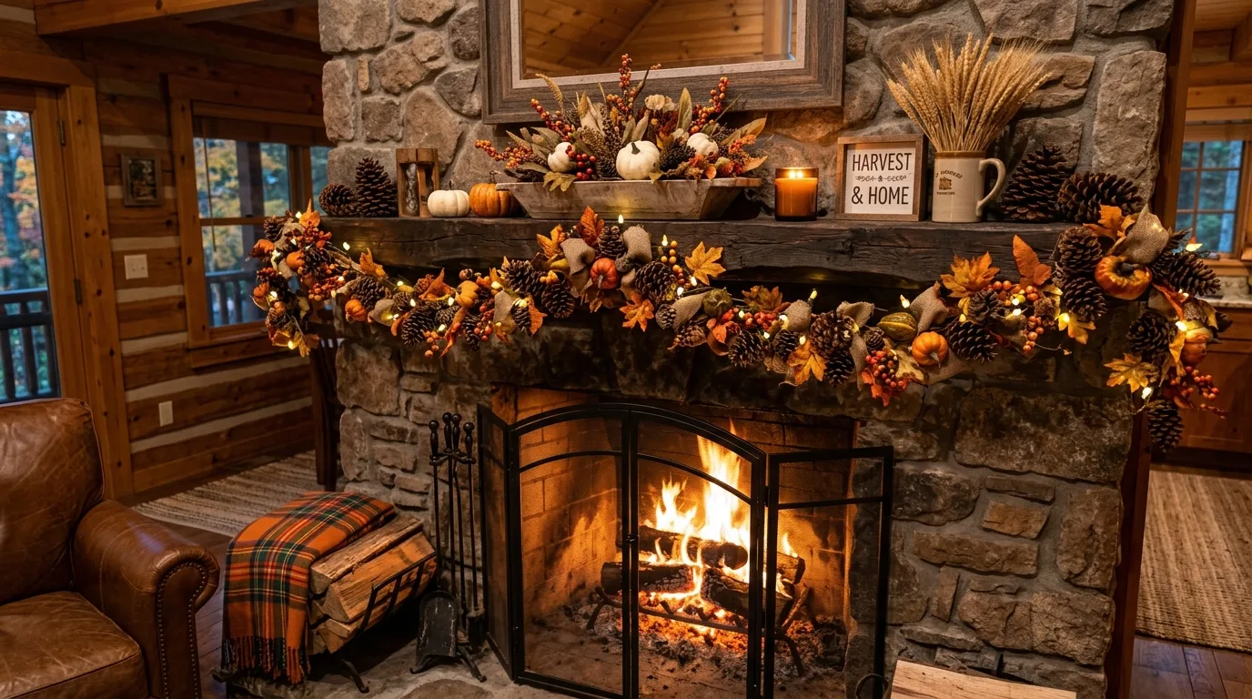 Cozy cabin style mantel with fall decor